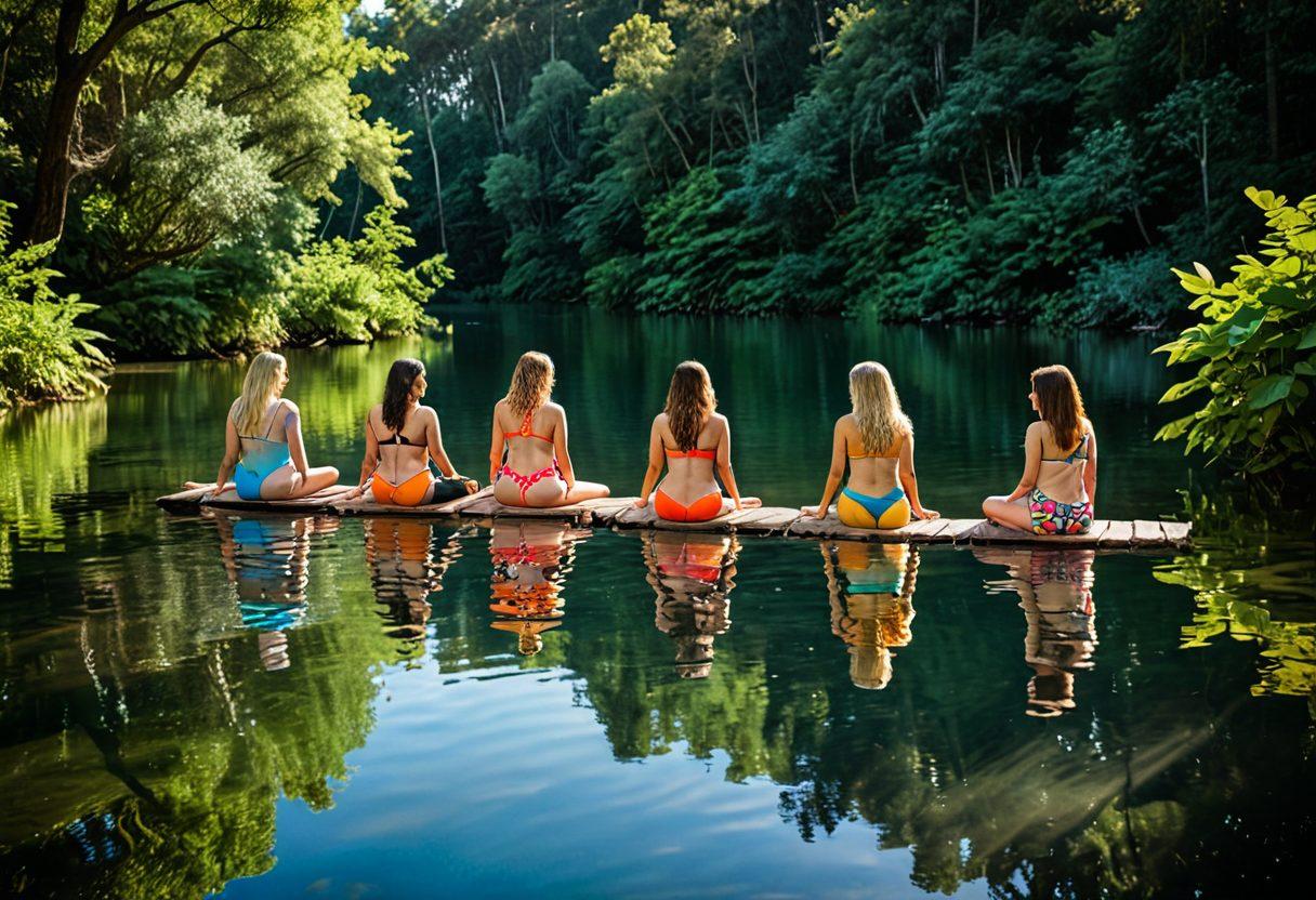 A serene lake scene reflecting the sun's rays, featuring a diverse group of dialysis patients comfortably wearing colorful bikinis, emphasizing body positivity and empowerment. Lush greenery surrounds the water, symbolizing wellness and care, while gentle waves represent the soothing nature of therapy. The scene captures a sense of community and support among patients. vibrant colors. super-realistic. natural light.